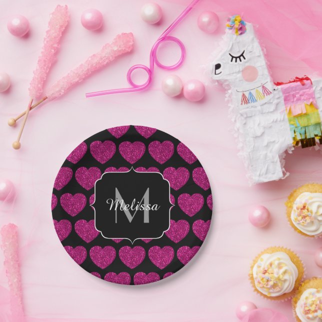 Hot pink heart faux sparkles pattern Monogram Paper Plate (Party)