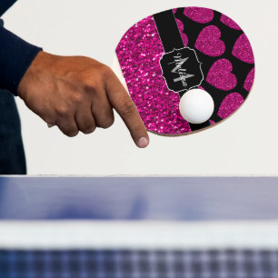 Hot pink heart faux sparkles pattern Monogram Ping Pong Paddle