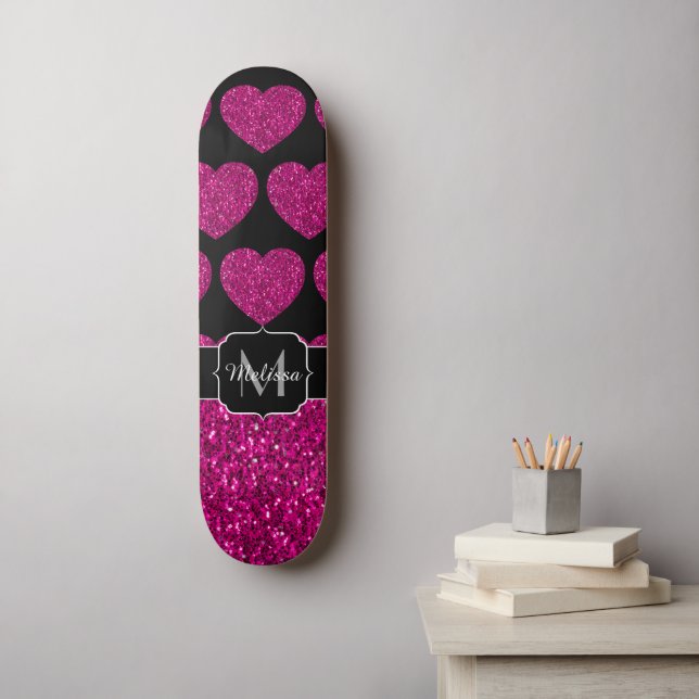 Hot pink heart faux sparkles pattern Monogram Skateboard (Wall Art)