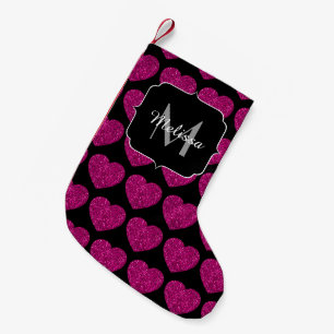 Hot pink heart faux sparkles pattern Monogram Small Christmas Stocking