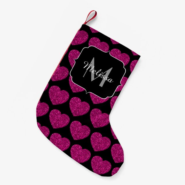Hot pink heart faux sparkles pattern Monogram Small Christmas Stocking (Front (Hanging))