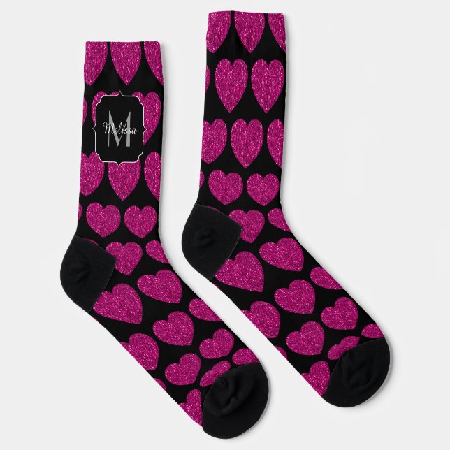 Hot pink heart faux sparkles pattern Monogram Socks (Right)