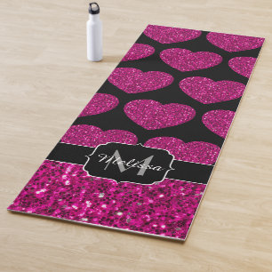Hot pink heart faux sparkles pattern Monogram Yoga Mat