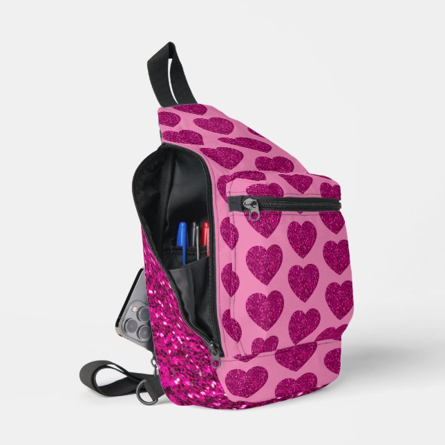 Hot pink heart glitter sparkle pattern backpack (Open)