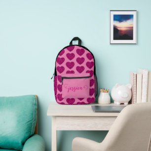 Hot pink heart glitter sparkle pattern Custom Name Printed Backpack