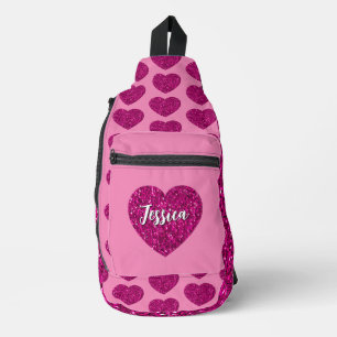 Hot pink heart glitter sparkle pattern Custom Name Sling Bag