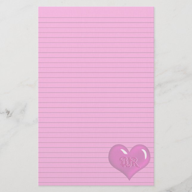 Hot pink Heart Monogram optional line stationery (Front)