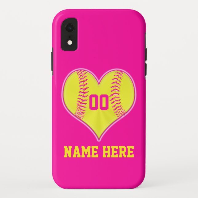 Hot Pink Heart Personalized Softball iPhone Case (Back)