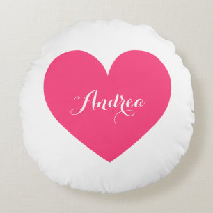 Hot Pink Heart & Polka Dots Pattern Personalized Round Pillow