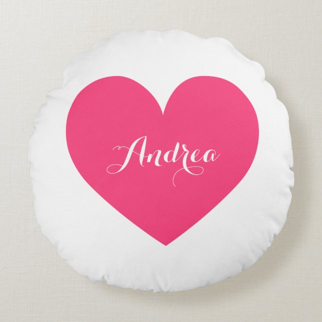 Hot Pink Heart & Polka Dots Pattern Personalized Round Pillow (Front)