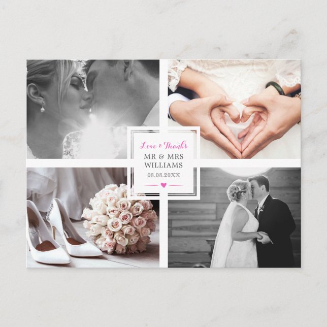 Hot Pink Heart Wedding Photo Collage Love & Thanks Postcard (Front)