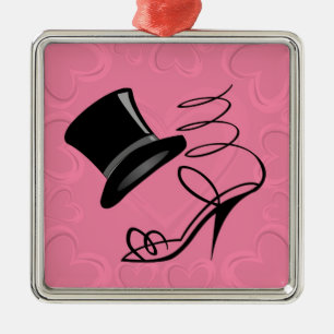 Hot Pink Hearts Top Hat and High Heels Metal Ornament