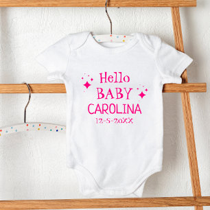 Hot Pink Hello Baby Child's Name DOB  Bodysuit