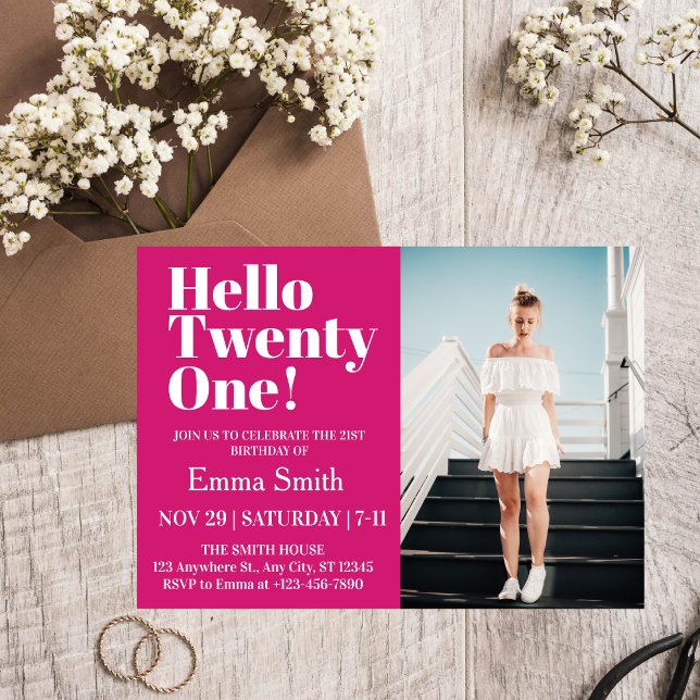 Hot Pink Hello Twenty One 21st Birthday Photo  Invitation (Creator Uploaded)