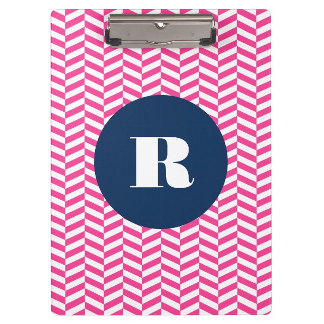 Hot Pink Herringbone Pattern Monogram Clipboard (Front)