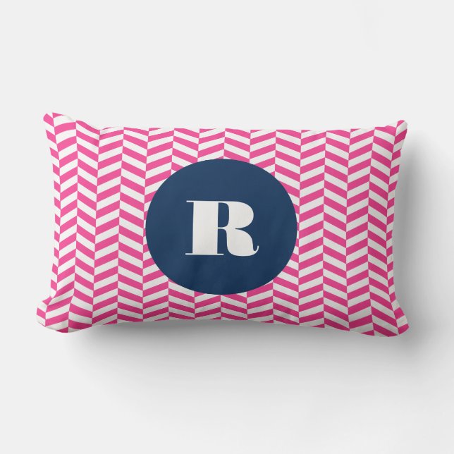 Hot Pink Herringbone Pattern Monogram Lumbar Pillow (Front)