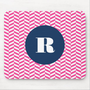Hot Pink Herringbone Pattern Monogram Mouse Pad