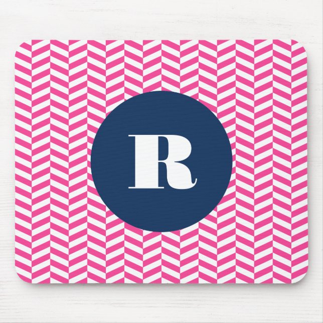 Hot Pink Herringbone Pattern Monogram Mouse Pad (Front)