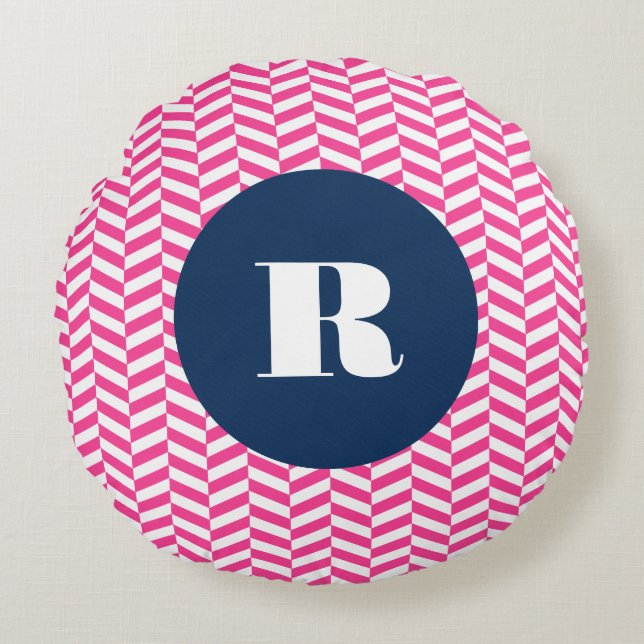 Hot Pink Herringbone Pattern Monogram Round Pillow (Front)