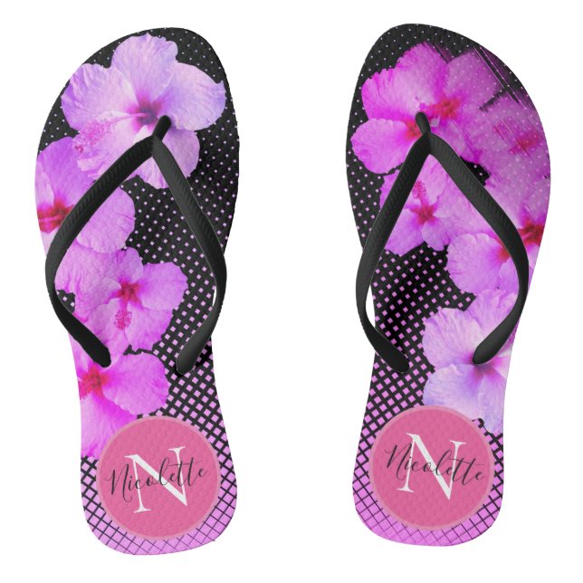 Hot Pink Hibiscus Monogram Flip Flops (Footbed)
