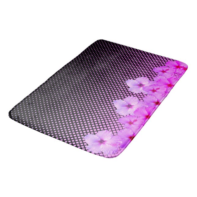 Hot Pink Hibiscus on Black and Pink Checkered Bath Mat (Angled)