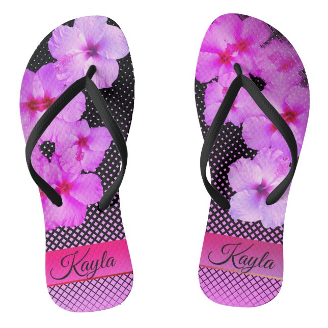 Hot Pink Hibiscus on Black and Pink Chequered Flip Flops (Footbed)