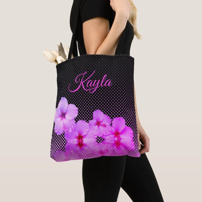 Hot Pink Hibiscus on Black and Pink Chequered Tote Bag (Close Up)
