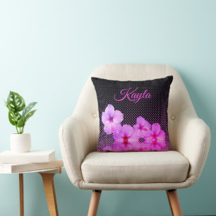 Hot Pink Hibiscus on Black and Pink Personalized Throw Pillow
