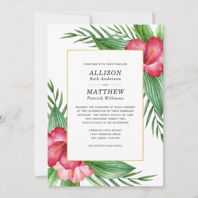 Hot Pink Hibiscus Watercolor Tropical Wedding Invitation (Front)