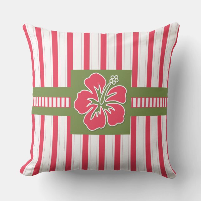 Hot Pink Hibiscus with Stripes Monogram Outdoor Pillow (Front)
