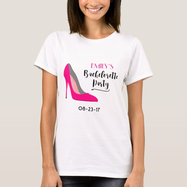 Hot Pink High Heel Shoe Bachelorette Typography T-Shirt (Front)