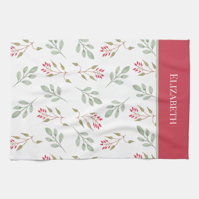 Hot Pink Holly Berry Christmas Kitchen Towel (Horizontal)