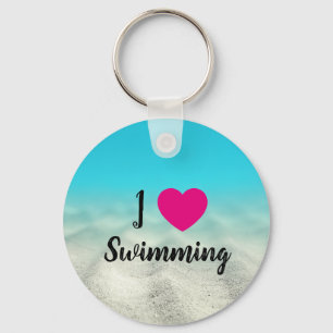 Hot Pink I Love Swimming Blue Underwater Photo Keychain