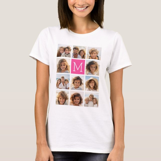 Hot Pink Instagram Photo Collage Custom Monogram T-Shirt (Front)