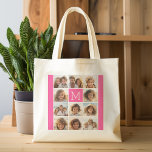 Hot Pink Instagram Photo Collage Custom Monogram Tote Bag<br><div class="desc">Use up to 11 square or selfie phone photos to create a unique and personal gift. Or you can keep the hipster puppy and make a trendy keepsake. If you need to adjust the pictures,  click on the customize tool to make changes.</div>