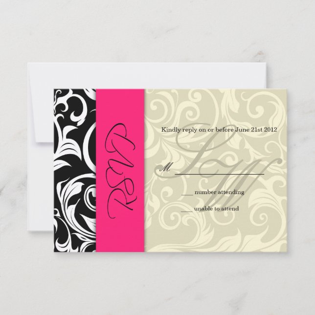 Hot Pink Ivory Swirl Wedding RSVP Card (Front)