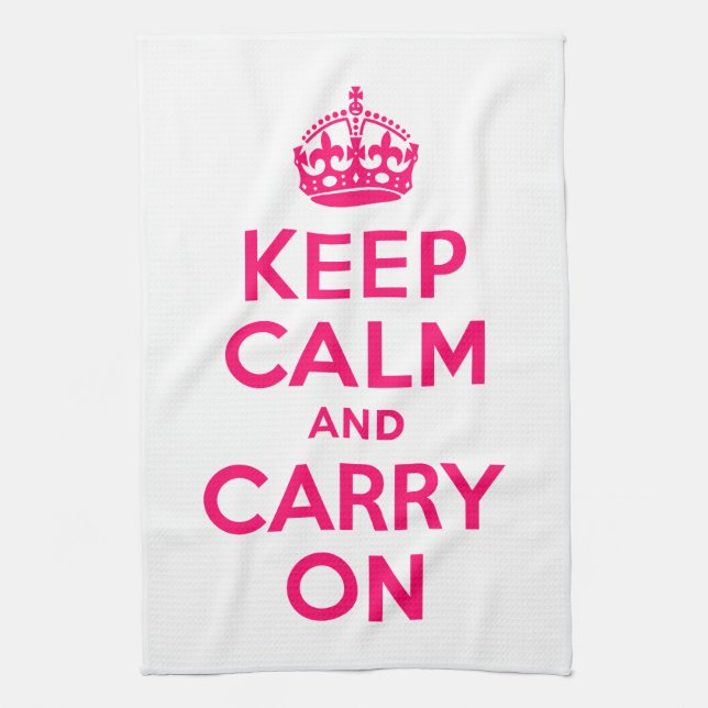 Hot Pink Keep Calm and Carry On Kitchen Towel (Vertical)