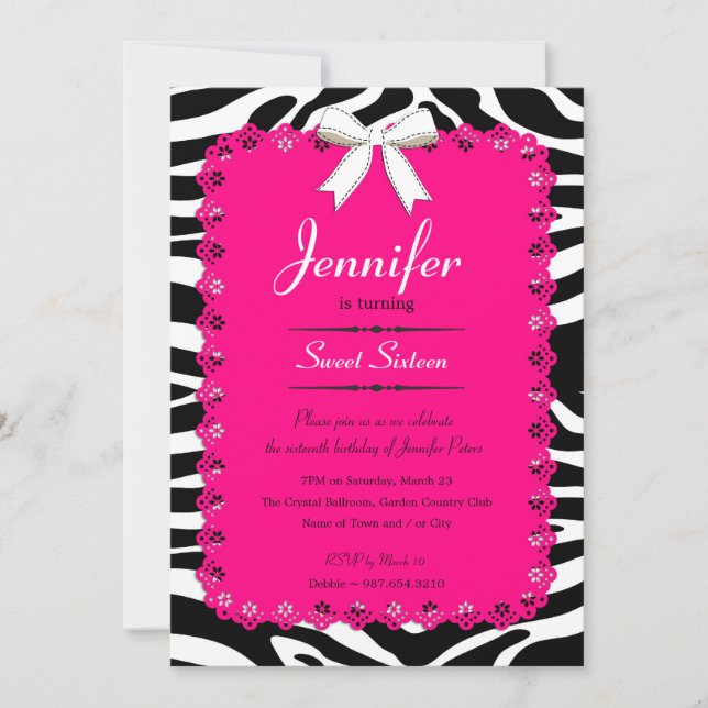 Hot Pink Lace & BW Zebra Stripes Sweet 16 5x7 Invitation (Front)