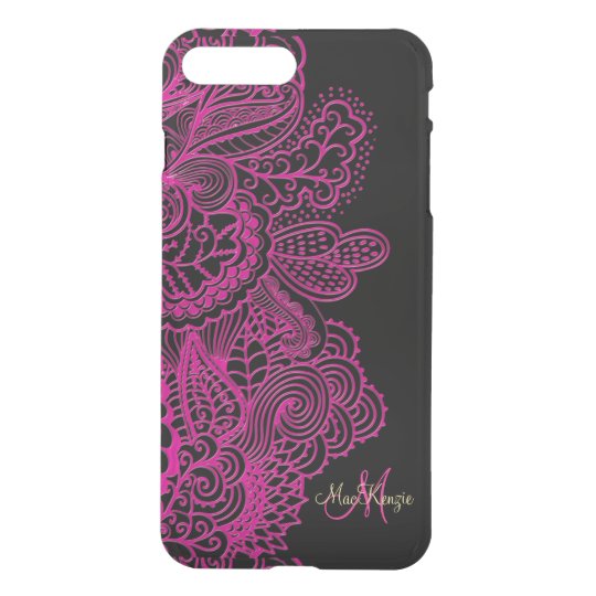 Hot Pink Lace On Black Monogram iPhone 7 Plus Case