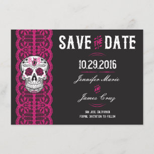 Hot Pink Lace Sugar Skull Save the Dates 4.5x6.25" Date