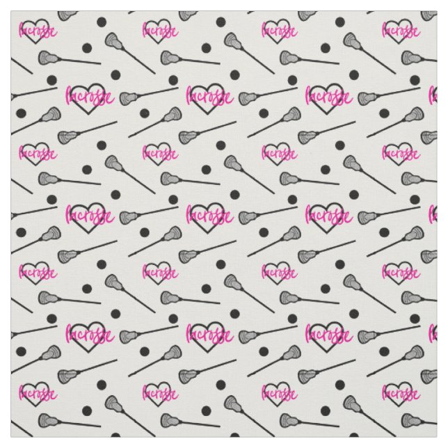 Hot Pink Lacrosse Sticks and Hearts Pattern Fabric (Swatch)