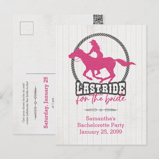 Hot Pink Last Ride For The Bride Postcard (Front/Back)