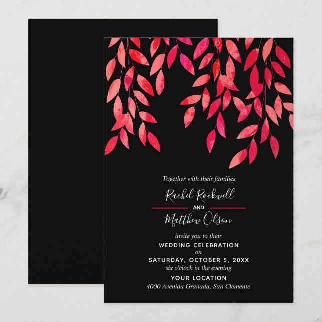 Hot Pink Leaves on Black Wedding Invitations (Front/Back)