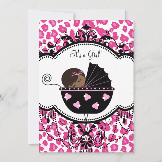 Hot Pink Leopard African American Baby Girl Shower Invitation (Front)