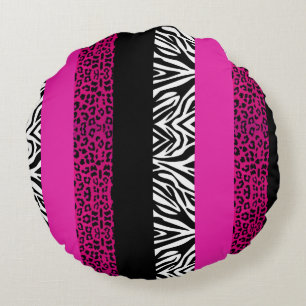 Hot Pink Leopard and Zebra Animal Print Round Pillow