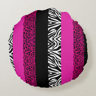 Hot Pink Leopard and Zebra Animal Print Round Pillow