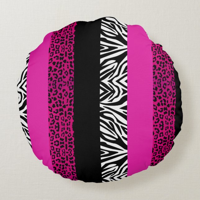 Hot Pink Leopard and Zebra Animal Print Round Pillow (Back)