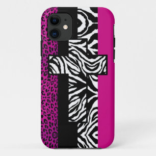 Hot Pink Leopard and Zebra Animal Print with Cross iPhone 11 Case