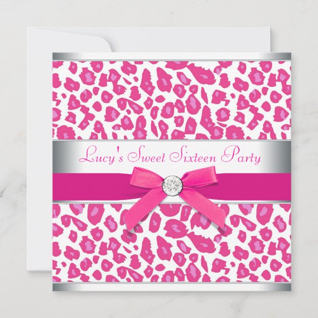 Hot Pink Leopard Bow Pink Leopard Sweet 16 Party Invitation (Front)