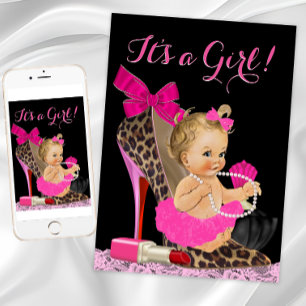 Hot Pink Leopard High Heel Shoe Baby Shower Invitation